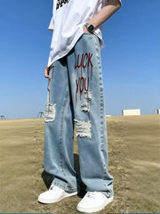 Threebooy Y2k Streetwear Printed Ripped Hole Jeans Men Wide Leg Denim Baggy Pants Vintage Casual Jeans Straight Trousers