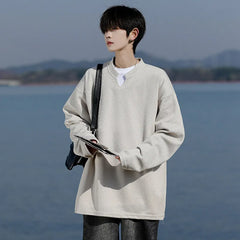Threebooy Long Sleeve V-Neck T-Shirt mens Solid Color Spring Casual Basic Top Plain Tee Shirt Breathable Comfort Stretch Soft plus size