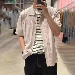 Threebooy Mens Shirts Geometric Eyelet Breathable Knitted Shirts Summer Casual Streetwear Versatile Short Sleeve Tops Men'S Clothing