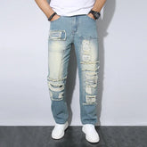 Threebooy Light Blue Slim Fit Men's Ripped Loose Jeans Elastic Hole Design Versatile Male High Street Beggar Denim Pants Retro Washed
