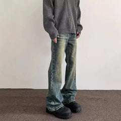 Threebooy Vintage American Style Men's Straight-Leg Slimming Long Jeans Distressed Washing Denim Pants Trendy Brand Bootcut Pants