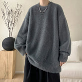 Threebooy Autumn Solid Fluffy Warm Knitted Sweaters For Man New High Street Fashion Loose Pullovers New Y2K Vintage Knitwear Jumpers