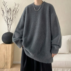 Threebooy Autumn Solid Fluffy Warm Knitted Sweaters For Man New High Street Fashion Loose Pullovers New Y2K Vintage Knitwear Jumpers