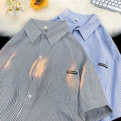 Threebooy Japanese Striped Fashionable Short-sleeved Shirt Men Summer Thin Fashion Loose and Versatile Student Casual Shirt Aesthetic
