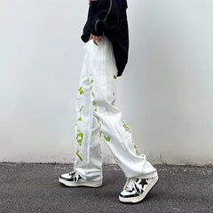 Threebooy Vibe Style Pants Graffiti Tie-dye Printed Jeans Men and Women Straight Trousers