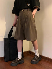 Threebooy Summer Japanese Retro Simple Solid Color Casual Trousers Men Women Loose Wide-leg Shorts Fashionable and Trendy Five-point Pants