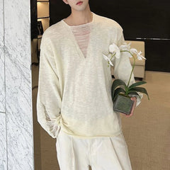 Threebooy Korean Style V-Neck Knitted Long-Sleeved Sweater Men Autumn And Winter New Fashion Trend Loose Lazy Casual Knitted Sweater Men