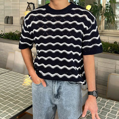 Threebooy 2025 Summer Men's Knit Jacquard Short Sleeve T-shirts Striped Hollow Out Casual Tshirts New Y2K Vintage Streetwear Tee Tops
