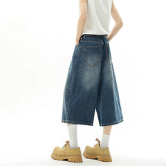 Threebooy Oversized Baggy Men's Denim Shorts Summer Fashion Retro Casual Loose Wide-leg Calf-length Jeans Harajuku Y2K Streetwear Pants