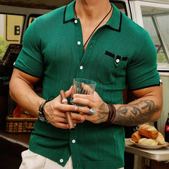 Threebooy Men's Casual Business Knitted Polo Shirt Light Luxury Leisure Turn Down Collar Button Short Sleeve Pocket Anti-pilling Knitwear