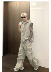 Threebooy Street Tracksuit Niche Deconstruction Design Cargo Vest Men's Summer Pleated Work Pants Set of High-end Sleeveless Vest Urban