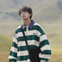 Threebooy Japanese Striped Lapel Sweatshirt For Men Casual Loose Fit Vintage Fashion Long Sleeve Polo Shirt Top Spring Autumn Trendy