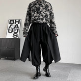 Threebooy Mens Y2k Culottes Layered Stitching Ribbon Samurai Pants Hakama Genderless Fashion Streetwear Casual Leggings Pants Unisex