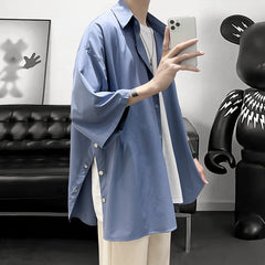 Threebooy 5 Colors Side Buttons Shirt Harajuku Solid Button Up Korean Short Sleeve Aesthetic Male Shirts Blouse Men Black White Yellow
