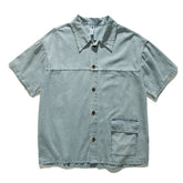 Threebooy Summer Denim Short Sleeve Shirts Men Streetwear Hip Hop Splicing Jeans Shirt Oversized Harajuku Washed Cargo Casual Blouse Male