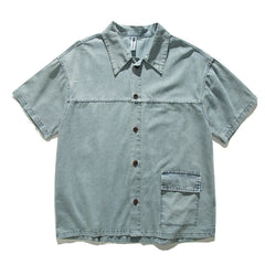 Threebooy Summer Denim Short Sleeve Shirts Men Streetwear Hip Hop Splicing Jeans Shirt Oversized Harajuku Washed Cargo Casual Blouse Male