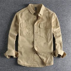 Threebooy Vintage Retro Men Cargo Shirt Jacket Canvas Cotton Khaki Military Uniform Light Casual Work Safari Style Shirts Mens Tops Shirt