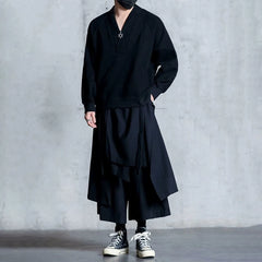 Threebooy Mens Y2k Culottes Double Layer Samurai Pants Hakama Spring Streetwear Fashion Trend Gothic Casual Pants Men'S Clothing New