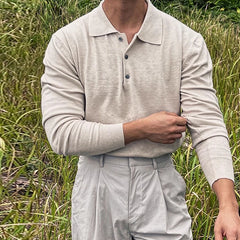 Threebooy New Korean Fashion Men Polo Sweater Light Luxury Knitted Solid Color Long Sleeve Pullover Premium Quality Skin-friendly Knitwear