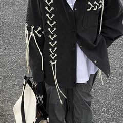 Threebooy Unisex Vintage Punk Black Shirt Coat Men Women Spring Autumn Japanese Harajuku Tie Rope Top Versatile High Street Shirt