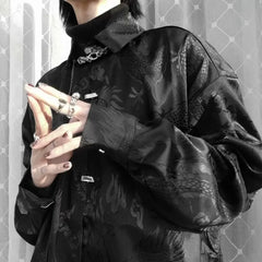 New Chinese Style Dragon Pattern Jacquard Silk Shirt For Men Casual Metal Buckle Dull Black Aesthetic Neutral Loose-fit Shirt