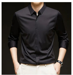 Threebooy Men's Social Shirt, Solid Color Business Slim Fit Formal Long Sleeved Shirt, High-quality Stretch Seamless Dress, Workwear Top