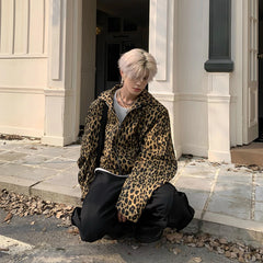Threebooy 90s Streetwear Leopard Print Design with Curved Sleeves Short Jacket Men's Spring Autumn New Casual Jacket Top