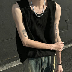Threebooy Men's Leisure Knit Tank Tops Sleeveless Streetwear Solid Color Breathable Korean Popular Fashion Retro Loose Inner Clothes M-3XL