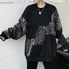 Threebooy Mens Sweatshirt Dark Gothic Style Sequin Top Streetwear Fashion Campus Performance Splicing Long-Sleeve Top Men'S Clothing