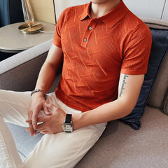 Threebooy New Men's Knitted Polo Shirt - Slim Fit Hollow-Out Short Sleeve Lapel T-Shirt, Summer Men Golf Shirt