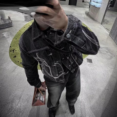Threebooy Hong Kong Style Heavy Industry Loose Label Deconstructed Denim Jacket Men Autumn Winter New Fashion Asymmetric Splicing Tops Men