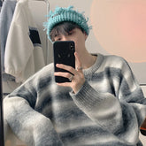 Threebooy Autumn Clothing Men's Knitted Light Luxury Pullovers Sweater Korean Vintage O Neck Striped Long Sleeve Knitwear New