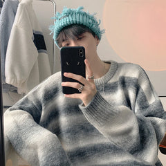 Threebooy Autumn Clothing Men's Knitted Light Luxury Pullovers Sweater Korean Vintage O Neck Striped Long Sleeve Knitwear New