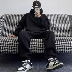 Threebooy Men Women Gray Hoodie Set Loose Thick Fleece Tracksuit Minimalist Streetwear Unisex Fashion Fall Winter Warm 2 Piece Outfit