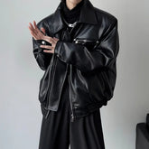 Threebooy 90s Streetwear Short Black Top Jacket for Spring and Autumn Men's Casual Lapel Thin Motorcycle Leather Jacket
