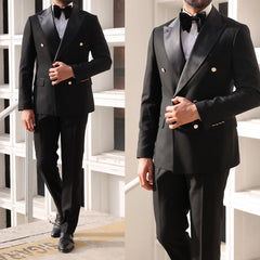 Threebooy Formal Men's Suit 2 Pieces Blazer Pants Bow Collar Double Breasted Buckle Business Work Wear Wedding Prom