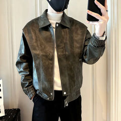 Threebooy Mens Leather Jacket Pocket Zipper Leather Jacket Autumn Casual Versatile Streetwear Trend Daily Top Men's Clothing Unisex