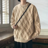 Threebooy Retro Diamond Plaid Sweater Men's Winter Japanese Loose Lazy Style Sweater Round Neck Inner Base Shirt