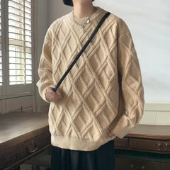 Threebooy Retro Diamond Plaid Sweater Men's Winter Japanese Loose Lazy Style Sweater Round Neck Inner Base Shirt