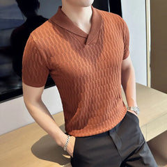 Threebooy Summer Slim fit Fitness Stretch T-shirt Men Tee Tops Ice Silk Short Sleeve V-neck Knit Tee Shirt Mens Solid Color T Shirt S-3XL
