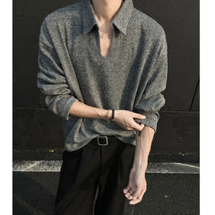 Threebooy American High-end V-neck Polo Shirt Long-sleeved T-shirt Men's Spring Autumn Couple's Trend Simple Base Shirt Elegant Streetwear