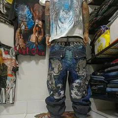 Threebooy Y2k European and American Hip Hop Washed Embroidered Graphic Pattern Jeans High Street Fashion Patchwork Loose Straight Pants