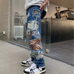 Threebooy Y2K Streetwear Baggy Ripped Stacked Jeans Pants Men Straight Kanye Old Hip Hop Denim Trousers