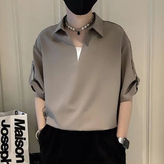 Threebooy High-end Handsome Thin Casual and Personalized Five-point Sleeve POLO Shirt Men's Summer Trendy Niche Fashion Versatile Shirt