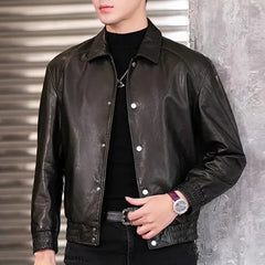 Threebooy Mens Leather Metal Buttons Large Pockets Motorcycle Leather Jacket Winter Casual Outdoor Windproof outfit Men's Clothing