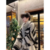 Threebooy Black and White Striped Mohair Sweater for Men Lazy Style Relaxed Style Couple Sweater Jacket