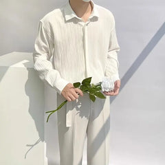 Threebooy Light Luxury High-end Apricot Pleated Striped Long-sleeved Shirt for Men in Autumn High-end Business Casual No-iron Slim Shirt