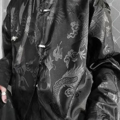 New Chinese Style Dragon Pattern Jacquard Silk Shirt For Men Casual Metal Buckle Dull Black Aesthetic Neutral Loose-fit Shirt