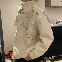 Threebooy Men Denim Jacket Cheongsam Button Letter Print Bomber Jacket Streetwear Fashion Youth Campus Versatile Casual Top Men'S Clothing