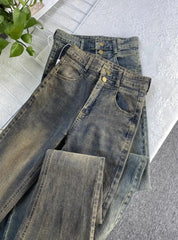 Threebooy American Retro Jeans Womens Distressed Washed Tassel Jeans Y2k Streetwear High Waist Slim Slim Fashion Versatile Flared Jeans